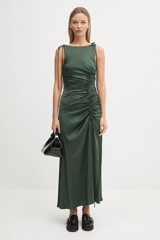 Φόρεμα GANNI Solid Stretch Satin Gathered Long W0739 πράσινο