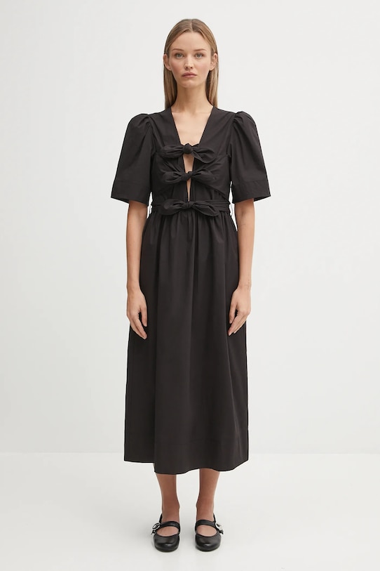 Сукня GANNI Stretch Cotton Tie Strap Midi тканина чорний W0842