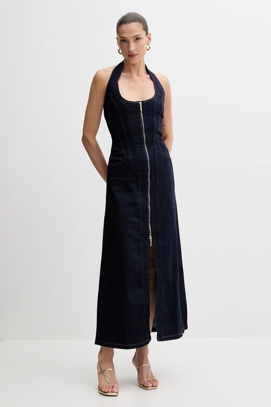 Džínové šaty Bardot maxi námořnická modř 91426DB
