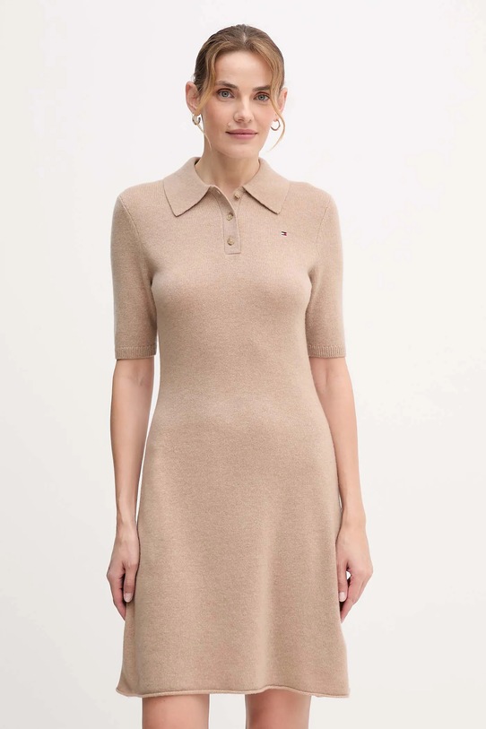 Vlněné šaty Tommy Hilfiger mini béžová WW0WW46436