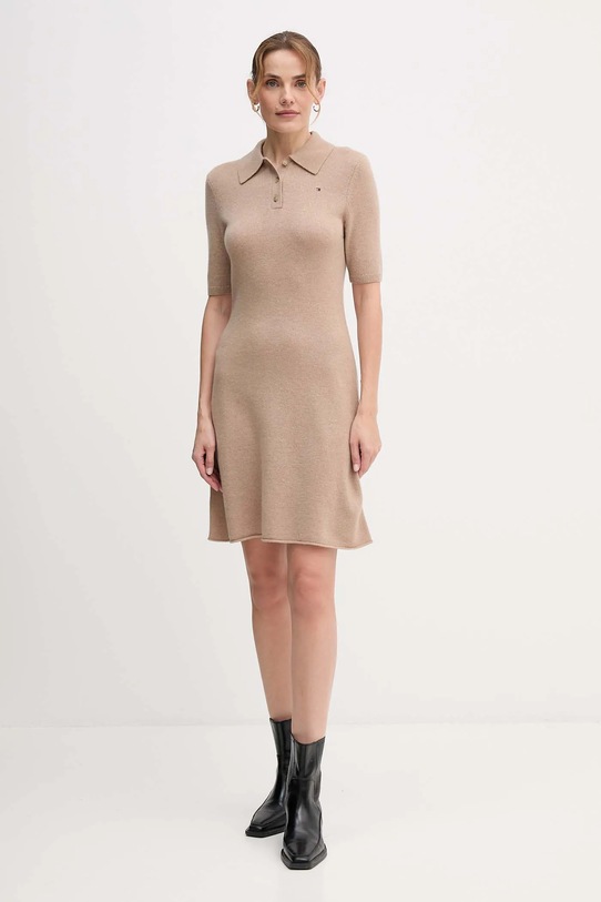 Vlněné šaty Tommy Hilfiger WW0WW46436 béžová AW25
