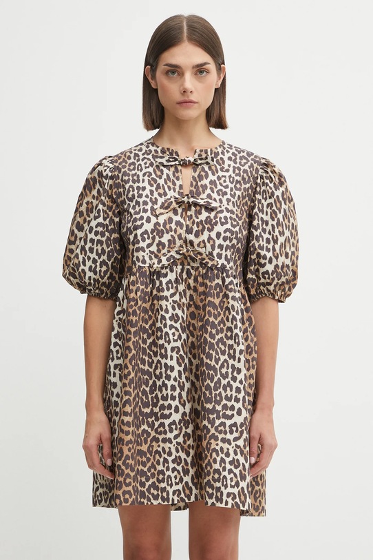 GANNI cotton dress Printed Cotton Tie String Mini all-over print brown F9758.