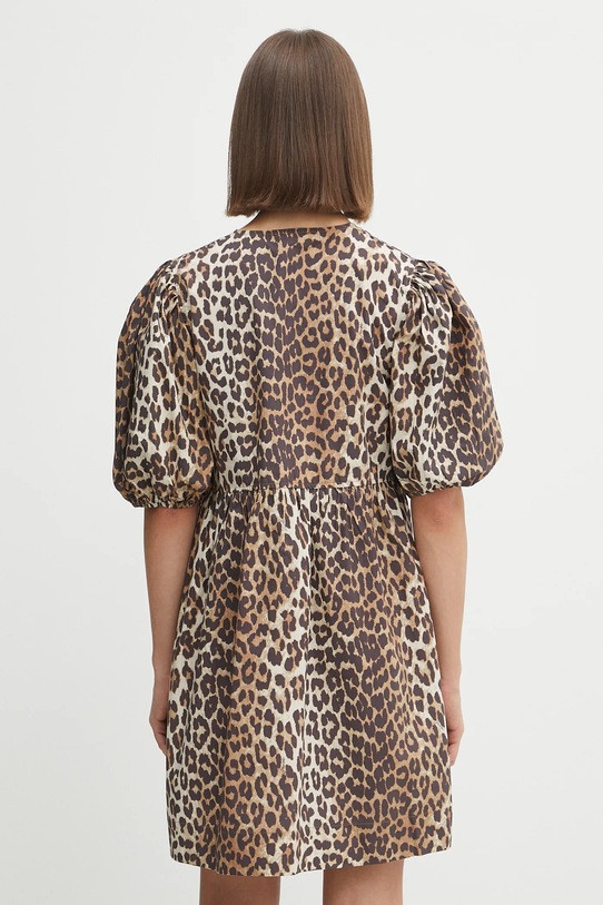 Clothing GANNI cotton dress Printed Cotton Tie String Mini F9758. brown