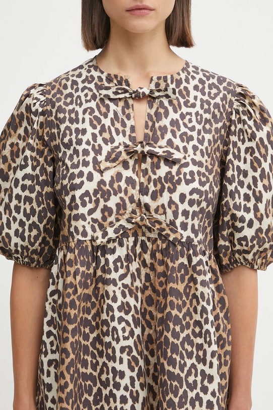 GANNI cotton dress Printed Cotton Tie String Mini brown F9758.