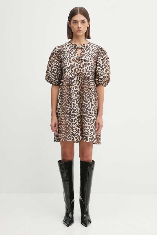 GANNI cotton dress Printed Cotton Tie String Mini F9758. brown