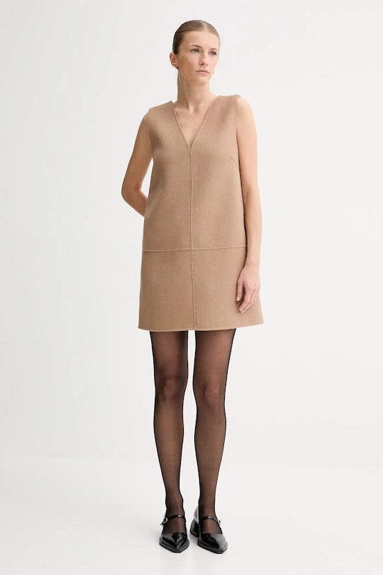 Calvin Klein sukienka z dodatkiem wełny LV044D017G beżowy AW25