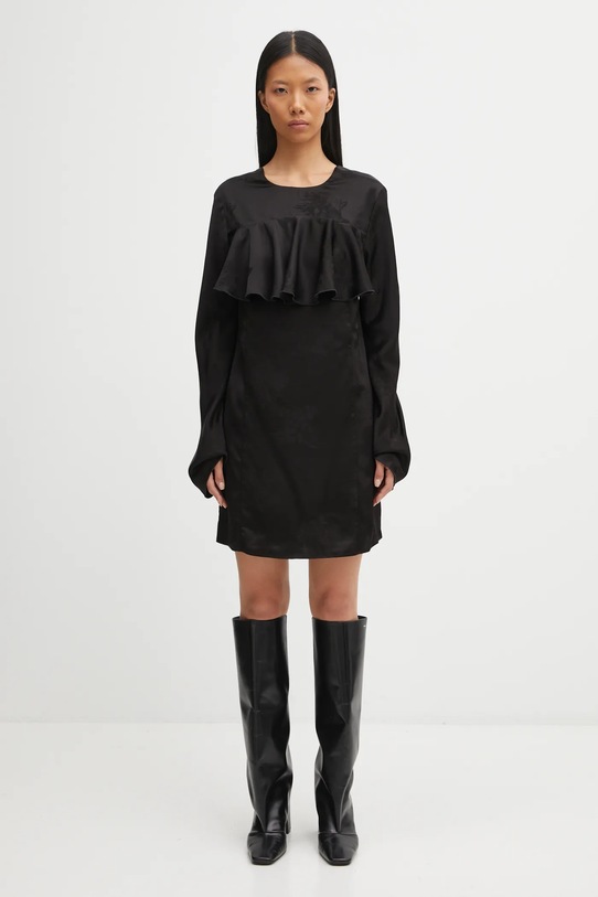 GANNI sukienka Fluid Satin Jacquard Mini Ruffle W0792 czarny