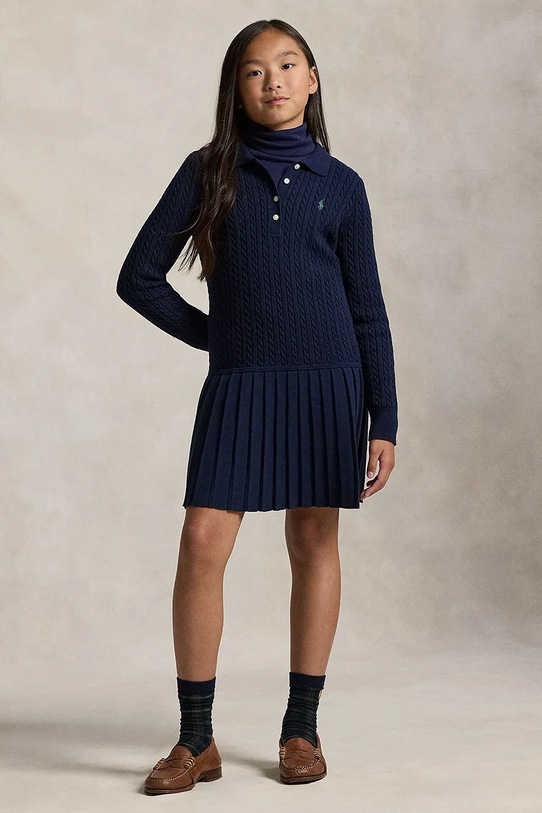 Παιδικό βαμβακερό φόρεμα Polo Ralph Lauren μακρύ σκούρο μπλε 313978841001