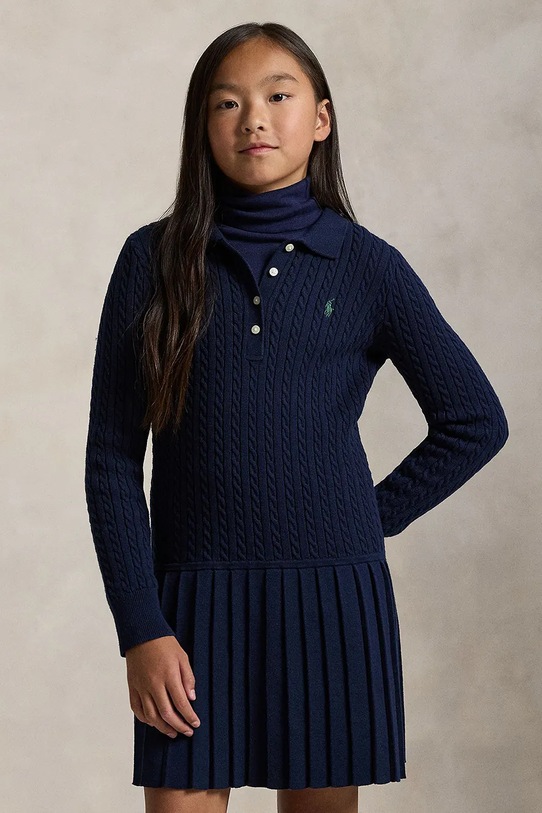 Παιδικό βαμβακερό φόρεμα Polo Ralph Lauren σκούρο μπλε 313978841001