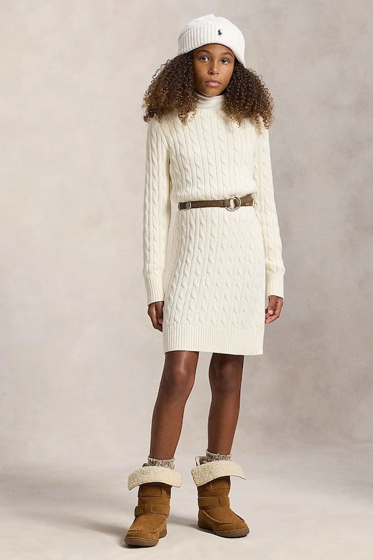 Παιδικό βαμβακερό φόρεμα Polo Ralph Lauren στρογγυλό μπεζ 313978860001