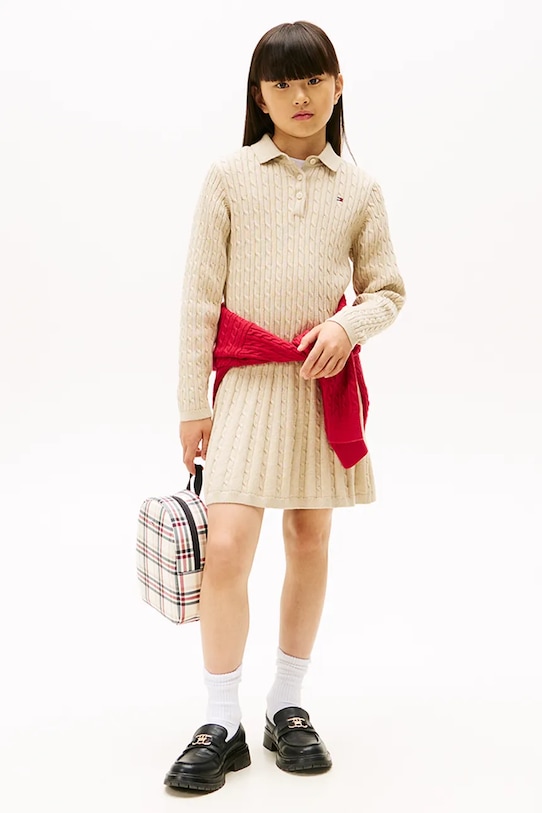 Tommy Hilfiger sukienka bawełniana dziecięca rozkloszowany beżowy KG0KG08789.9BYA