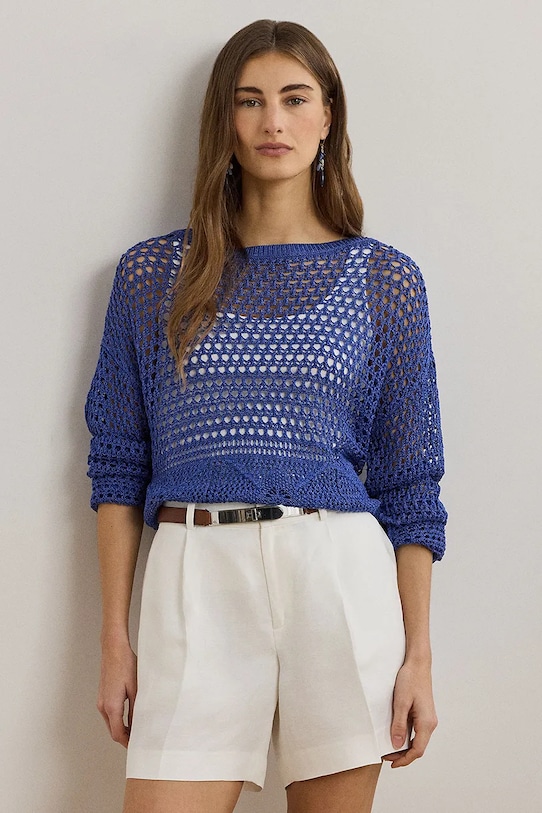 Lněný svetr Lauren Ralph Lauren lodičkový modrá 200971146