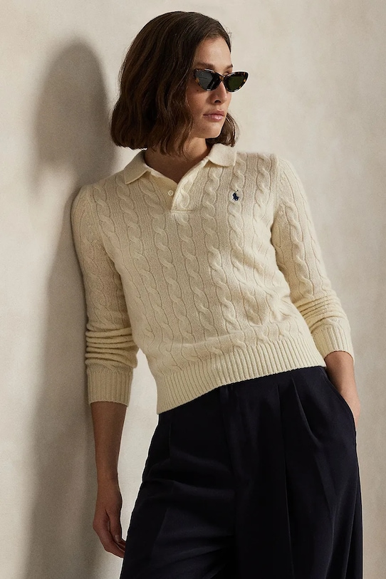 Вълнен пуловер Polo Ralph Lauren изчистен бял 211972132