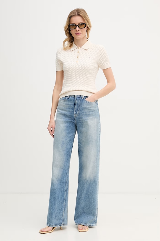 Tommy Hilfiger polo swetrowe damskie bawełniane WW0WW41474 beżowy SS26