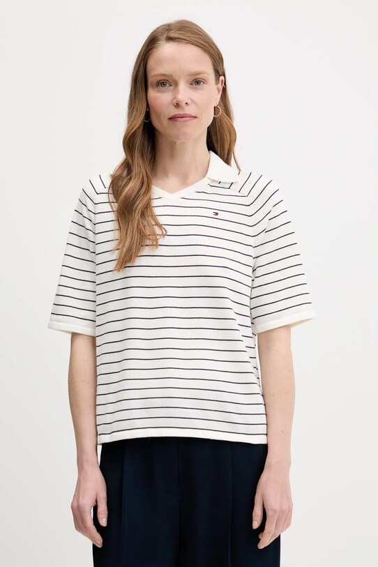 Bavlněný svetr Tommy Hilfiger V výstřih bílá WW0WW45694