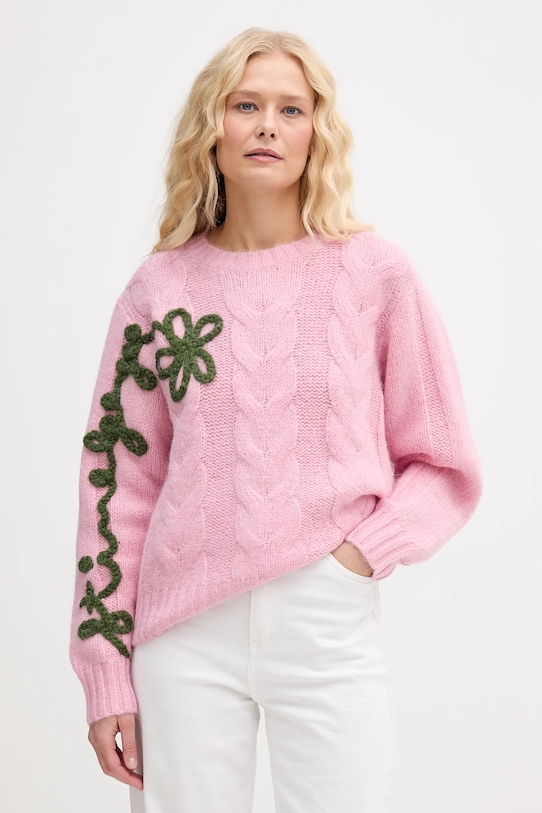 Stine Goya sweter z dodatkiem wełny okrągły różowy SG.AW25.K050.2418