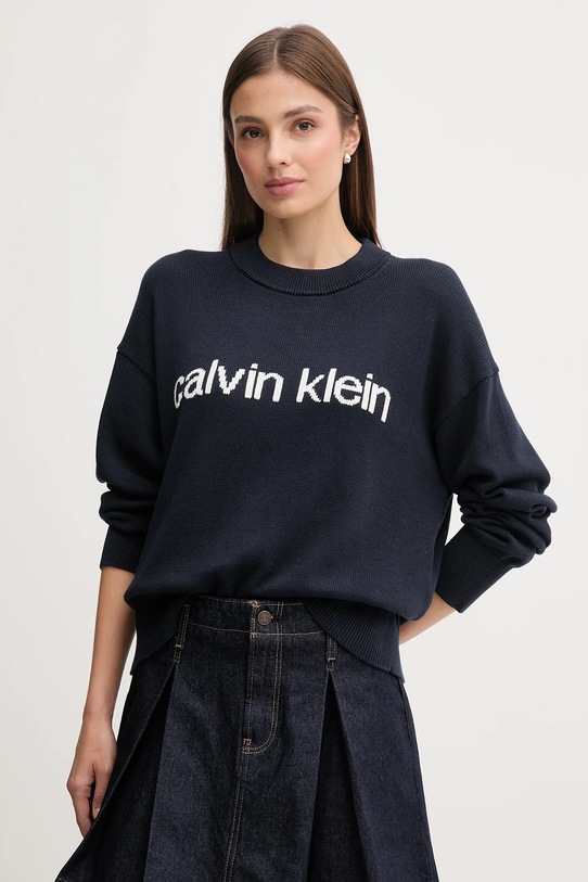 Bombažen pulover Calvin Klein Jeans Tanka mornarsko modra LV047C311G