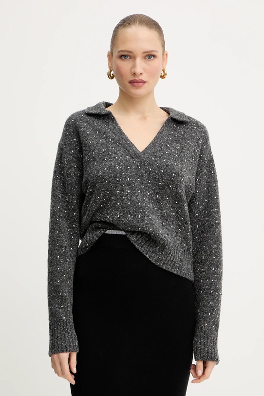Pinko sweter z dodatkiem wełny aplikacja szary 105684.A2U4