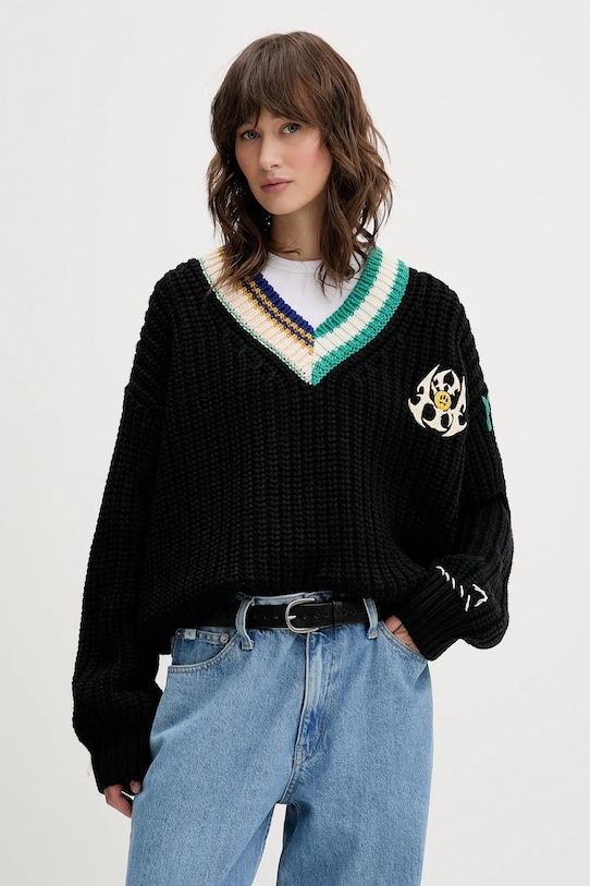 Barrow sweter z dodatkiem wełny aplikacja czarny F5BWWOJP110