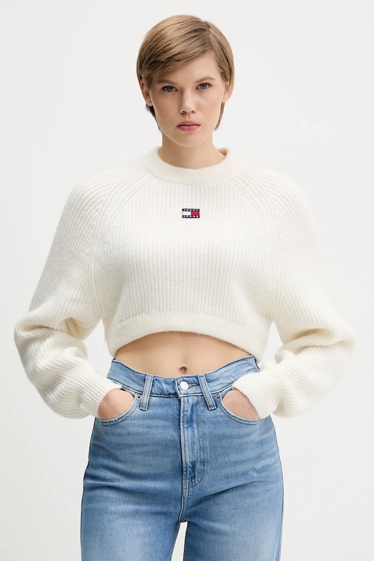 Tommy Jeans sweter z domieszką wełny okrągły beżowy DW0DW21677