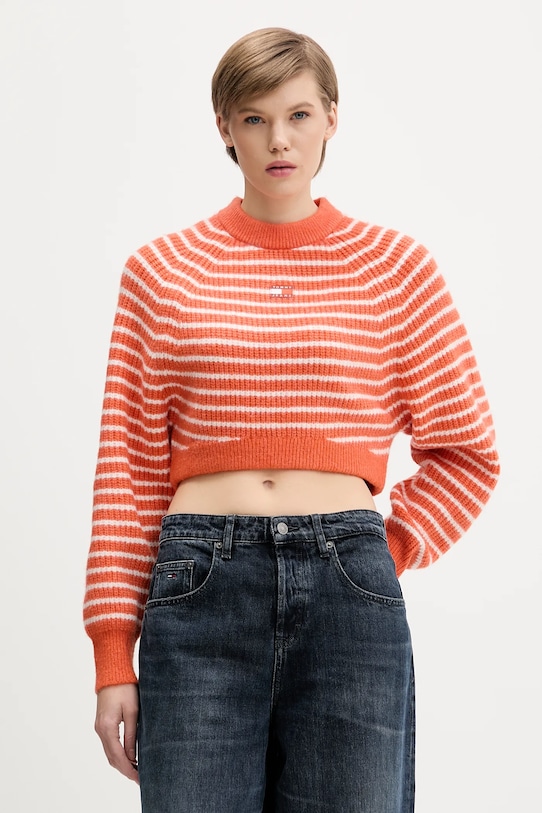 Tommy Jeans sweter z domieszką wełny okrągły pomarańczowy DW0DW21677