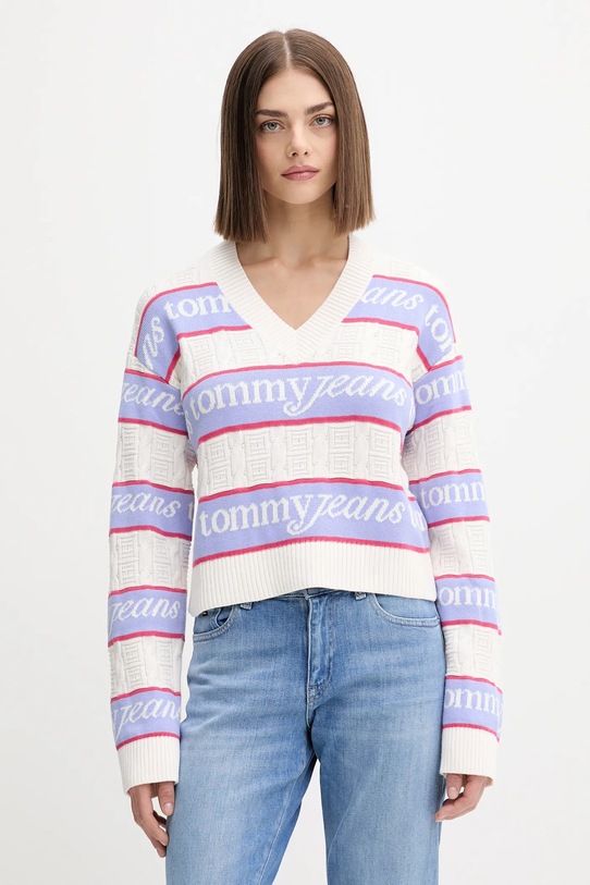 Bavlněný svetr Tommy Jeans V výstřih béžová DW0DW21682