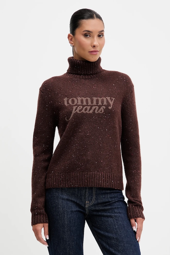 Tommy Jeans sweter z dodatkiem wełny aplikacja brązowy DW0DW21687