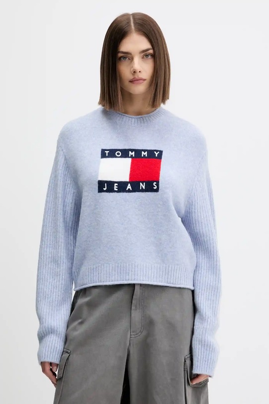Svetr s příměsí vlny Tommy Jeans kulatý modrá DW0DW21782
