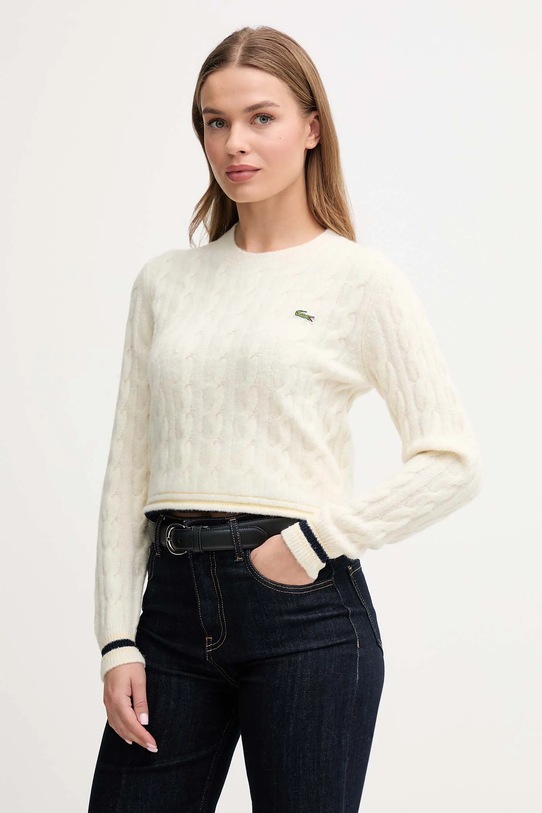 Lacoste sweter z dodatkiem wełny okrągły beżowy AF4159