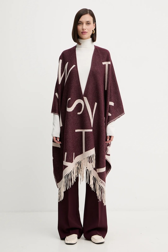 Twinset poncho din amestec de lână cu modele burgundia 252TA4220