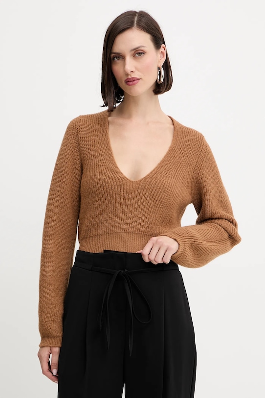 Vlněný svetr Twinset V výstřih hnědá 252TT3062