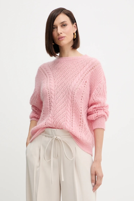Twinset sweter z wełną okrągły różowy 252TT3201