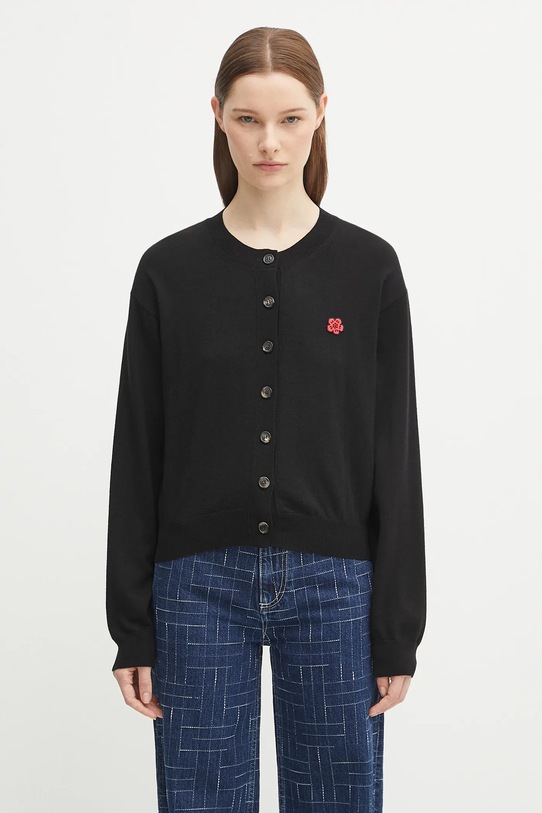 Вълнена жилетка Kenzo Rws Boke Flower Crest Crewneck Cardigan изчистен черен FF62CA7183LB