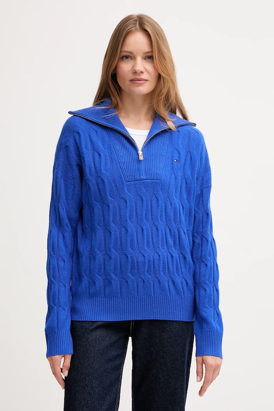 Vlnený sveter Tommy Hilfiger so zapínaním modrá WW0WW46425