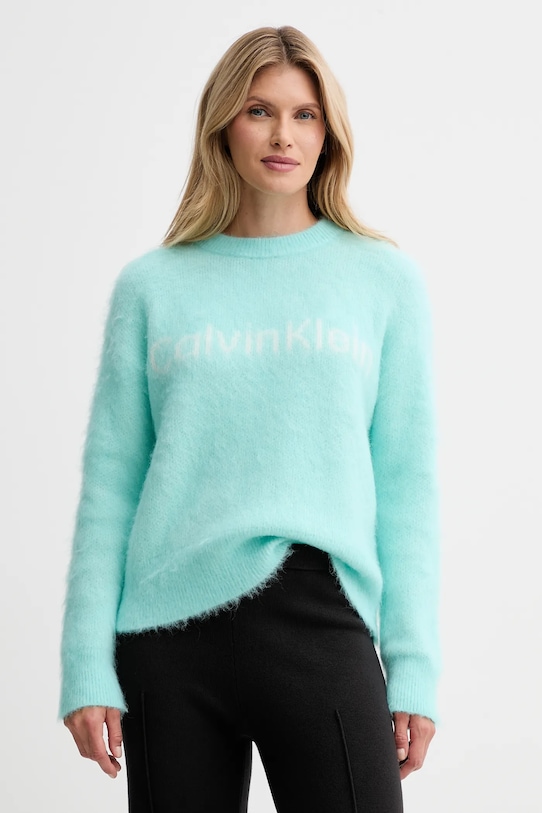 Calvin Klein sweter z dodatkiem wełny okrągły turkusowy LV044D359G