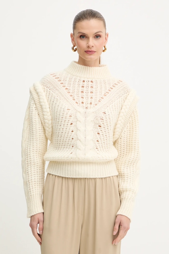 BOSS Orange sweter z dodatkiem wełny okrągły beżowy 50548951