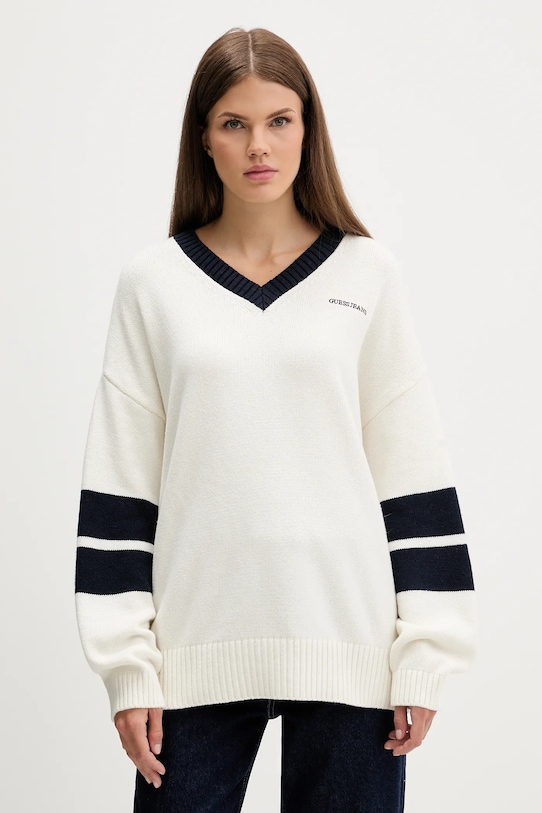 Guess Jeans sweter z dodatkiem wełny szpic beżowy W5BR10.Z0561