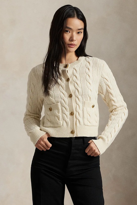 Μάλλινη ζακέτα Polo Ralph Lauren μαλλί λευκό 211978312