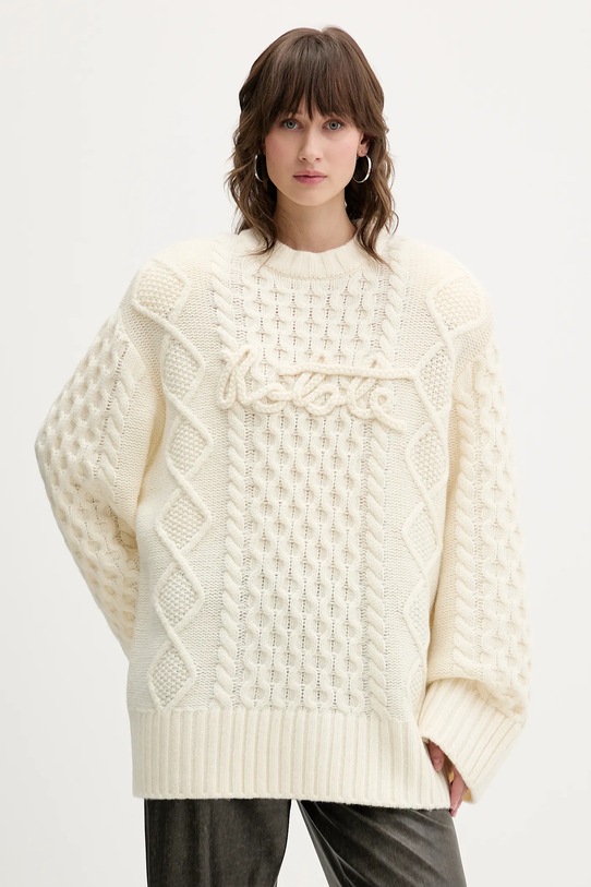 Rotate sweter z dodatkiem wełny okrągły beżowy 114301857