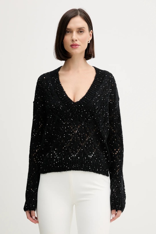 United Colors of Benetton sweter z domieszką wełny aplikacja czarny 1LPRD403G