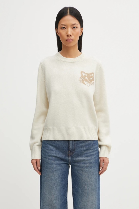 Maison Kitsuné sweter wełniany Fox Head Intarsia Merino gładkie beżowy NW00808KM0329