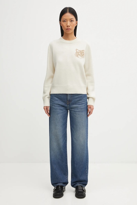 Maison Kitsuné sweter wełniany Fox Head Intarsia Merino NW00808KM0329 beżowy