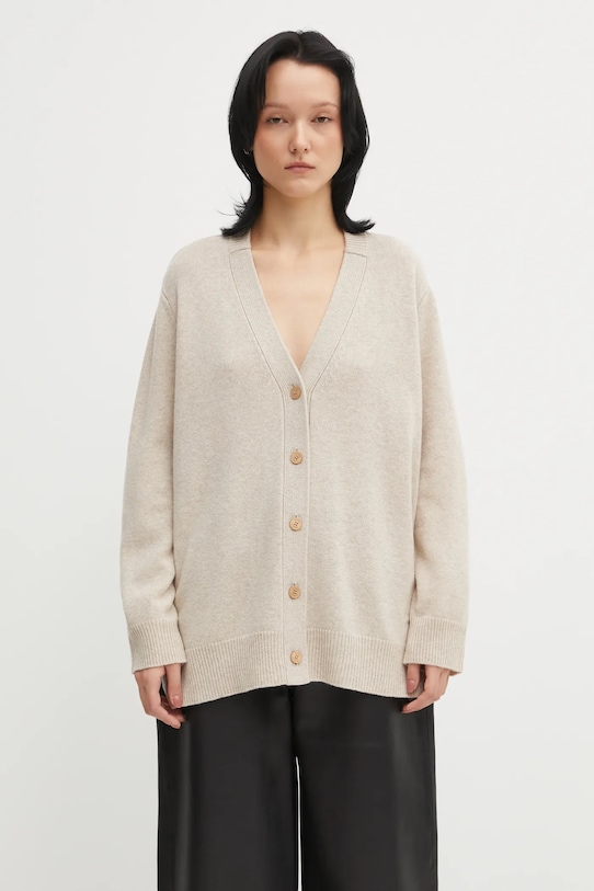 Maison Kitsuné kardigan wełniany Merino Wool Long wełna beżowy PW00509KT1171