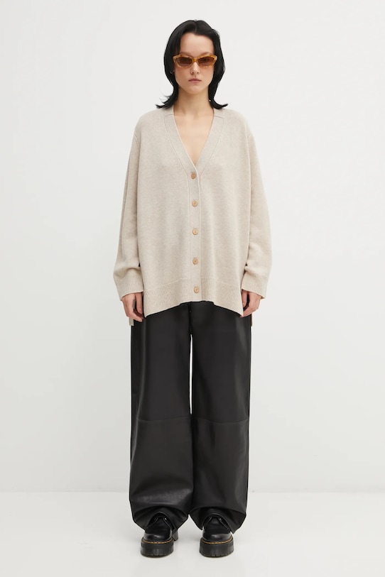 Maison Kitsuné kardigan wełniany Merino Wool Long PW00509KT1171 beżowy