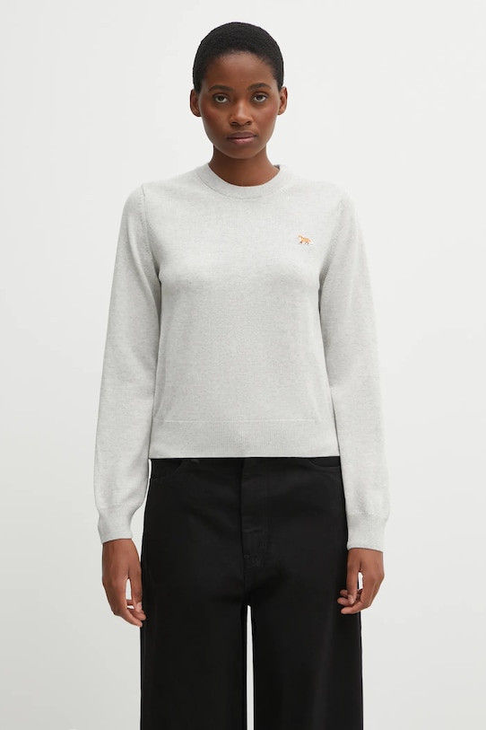 Вълнен пуловер Maison Kitsuné Baby Fox Merino Regular изчистен сив PW00801KT1181