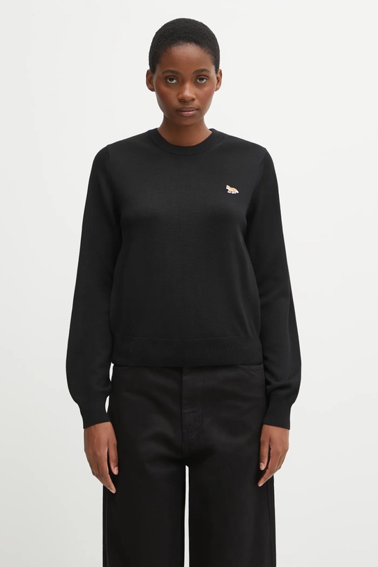 Вълнен пуловер Maison Kitsuné Baby Fox Merino Regular изчистен черен PW00801KT1181