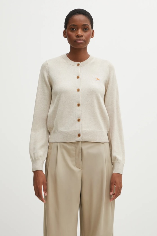 Maison Kitsuné cardigan in lana Baby Fox Merino Regular semplice beige PW00502KT1181