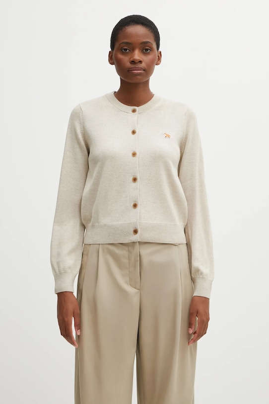 Вълнена жилетка Maison Kitsuné Baby Fox Merino Regular изчистен бежов PW00502KT1181