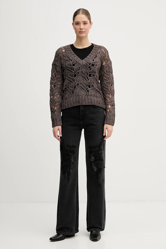 Sisley sweter z dodatkiem wełny 1H5BL401E brązowy AW25