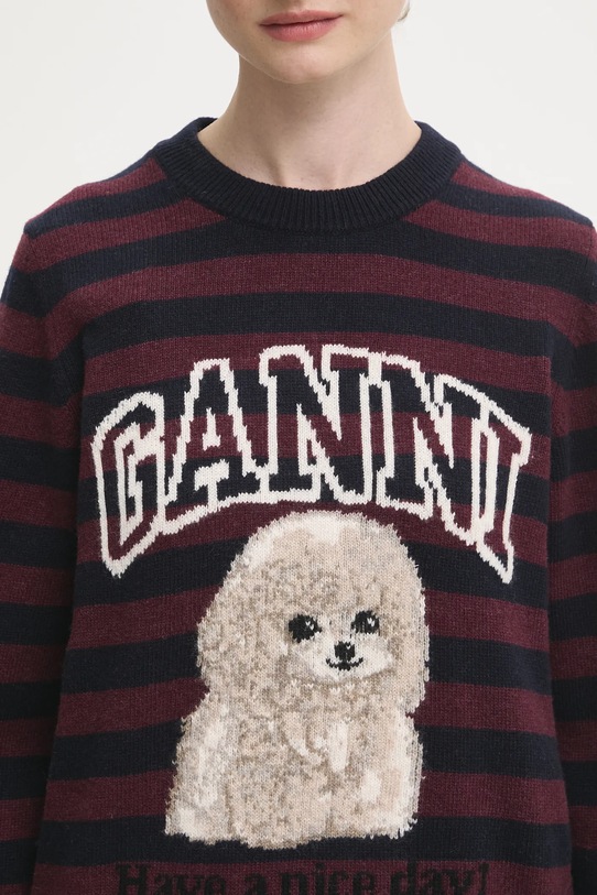 GANNI sweter z dodatkiem wełny Graphic Wool Mix Poodle Stripe bordowy K2567